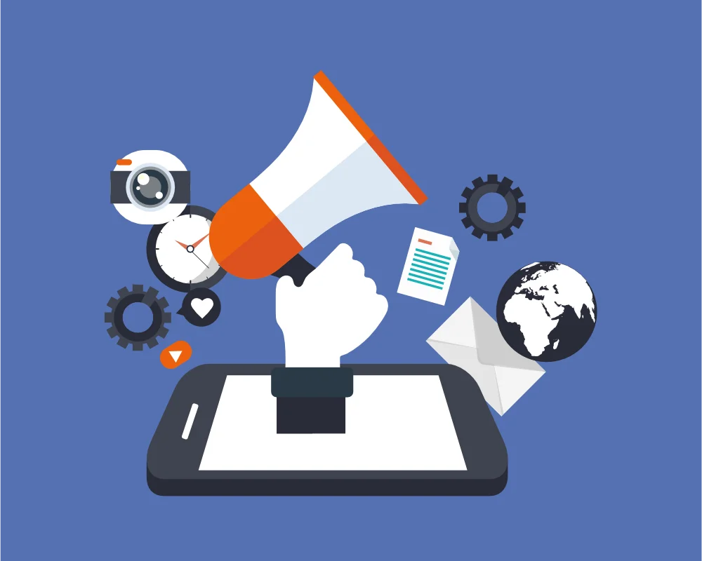 Graphic of a megaphone and social media icons