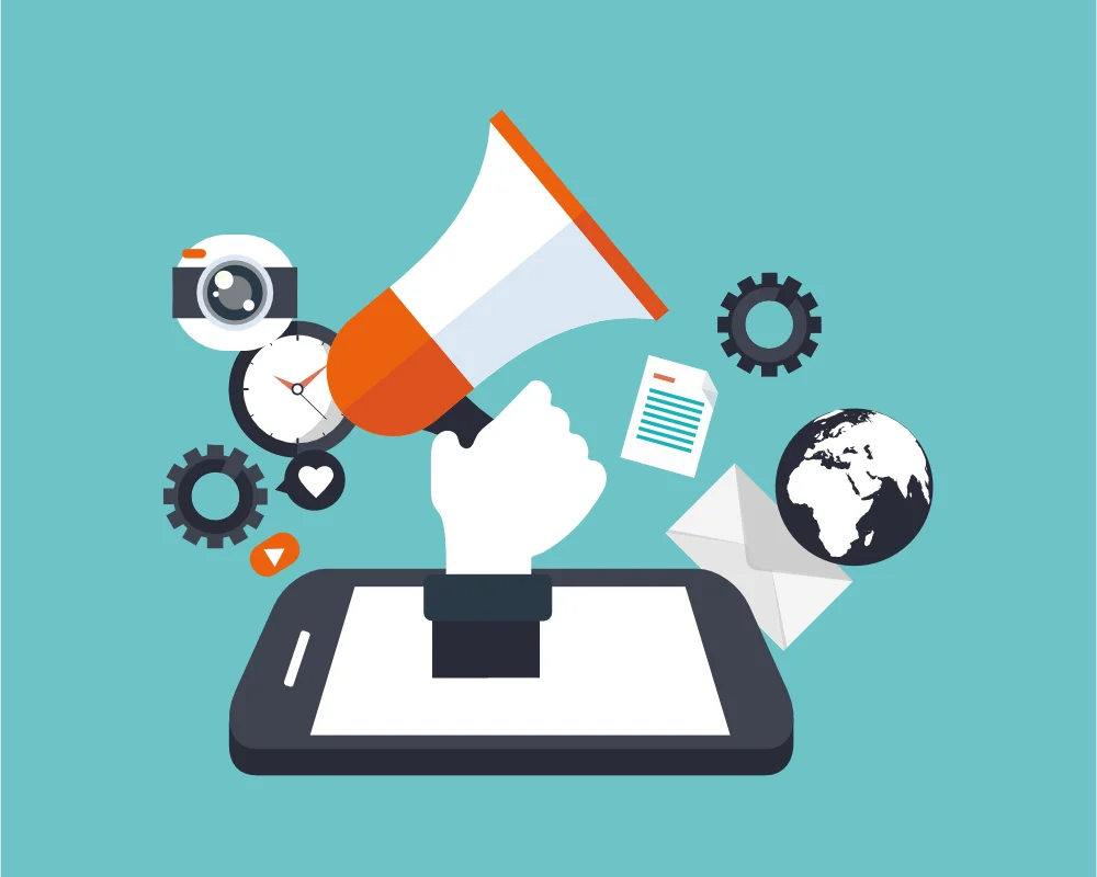 Graphic of a megaphone and social media icons